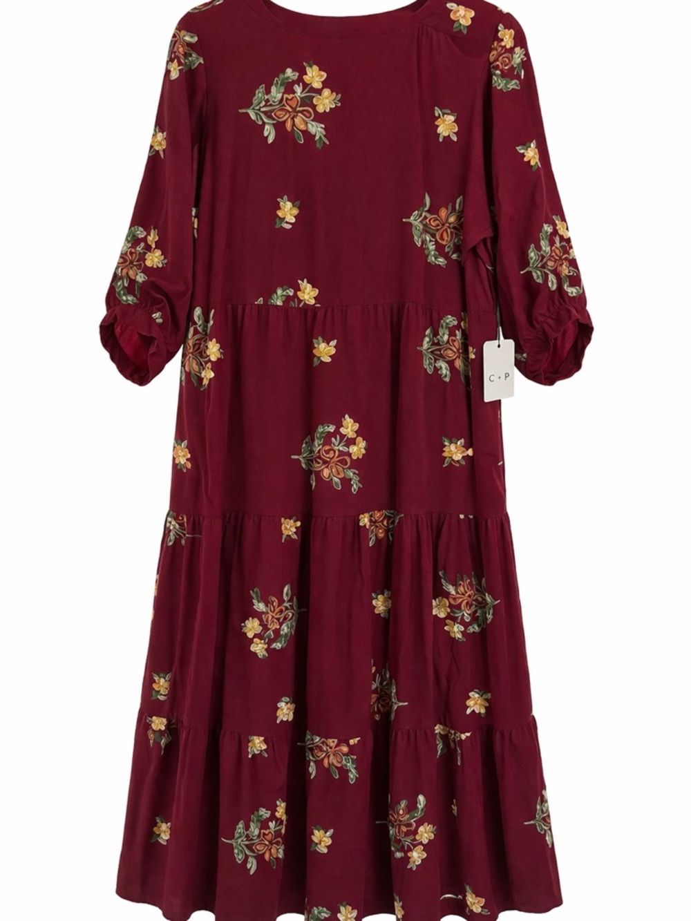 Cactus + Pearl Burgundy Floral Tiered Midi Dress Boho Button Front XL NWT - Picture 4 of 6